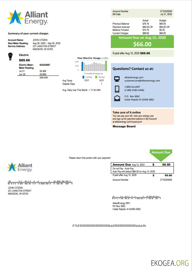 USA Wisconsin Alliant Energy electricity utility bill template in Word and PDF format